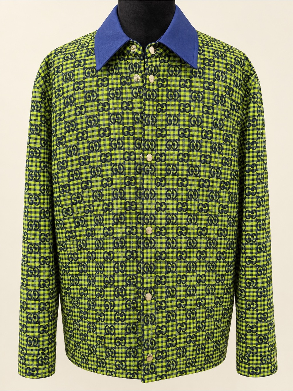 Gucci Neon Green GG Monogram Button Jacket with Blue Collar
